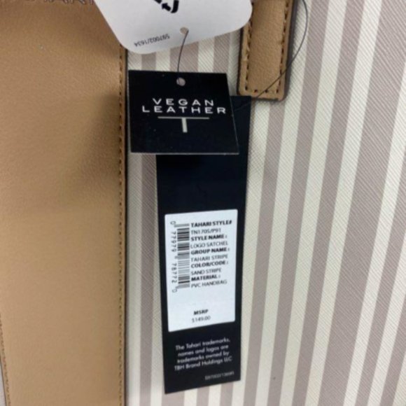 Tahari Womens Sand/Gray Striped Vegan Leather Double Handle Satchel Tote Handbag - Picture 4 of 6